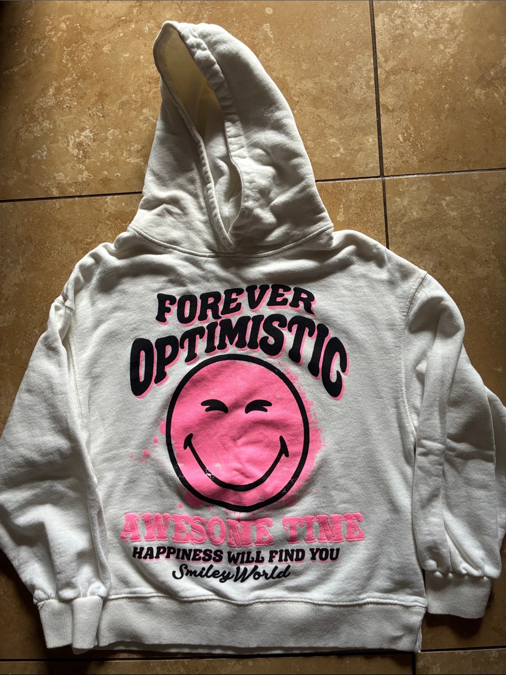 Zara White Hoodie with Black Smiley World Label
